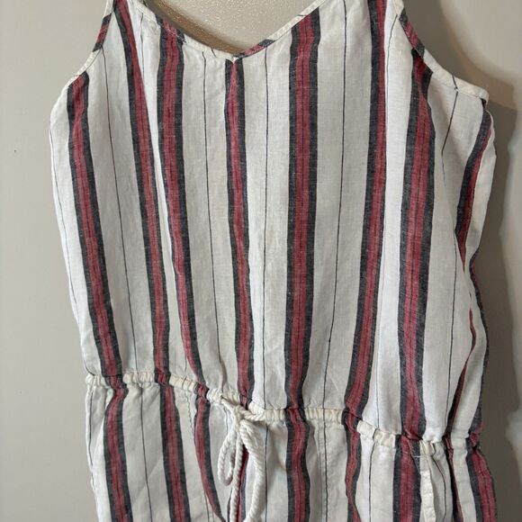 Lou & Grey 100% Linen Romper Sleeveless Shorts Cinch Waist Ivory Red Stripe Sz L - Picture 3 of 9